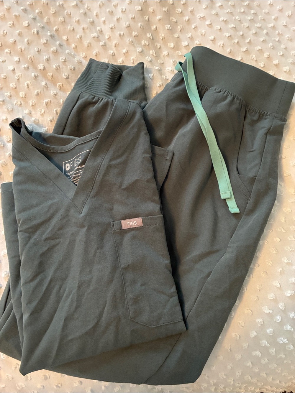 Figs Olive Green Scrub Top and Jogger Pants with Mint Drawstring